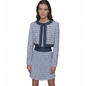 NWT Karl Lagerfeld Cropped Tweed Boucle Jacket Blue/White Metallic Trim Size 12